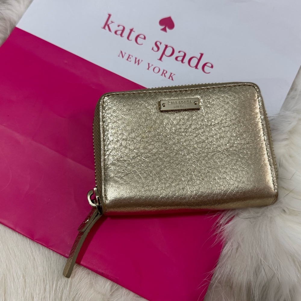 NEW  KATE SPADE Gold Zip Around Small Pebbled Leather Wallet 4.5" X 3.5" $245